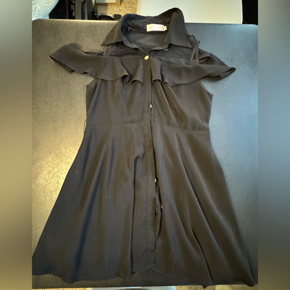Black Ruffled Button-Up Dress